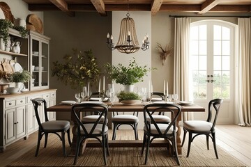 Obraz premium Elegant Mockup Scene in Rustic Farmhouse Dining Space with Chic Decor and Natural Atmosphere