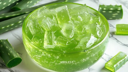 Obraz premium Aloe vera gel in a clear bowl, with fresh leaves nearby, ready for skincare preparation.