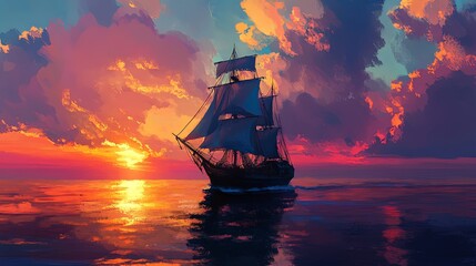Fototapeta premium Sailboat at Sunset on the Ocean