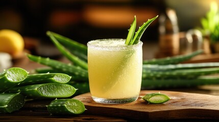 Aloe vera juice being served in a glass, surrounded by fresh leaves and a cutting board.