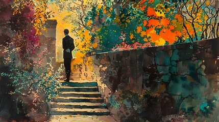 Man Standing on Steps in a Watercolor Garden.