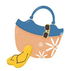 summer beach bag and sunglasses and Flip-Flops