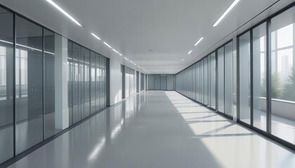 Fototapeta premium A bright, spacious office hallway featuring sleek glass walls and ceiling lights, showcasing contemporary architecture and minimalistic design.