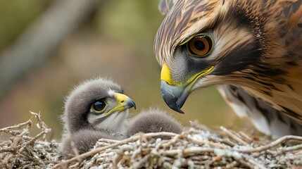 Obraz premium Protective Parent Bird Feeding Hatchling in Nest Close Up