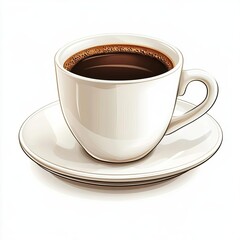 Obraz premium A steaming cup of coffee on a white saucer, isolated on white background.
