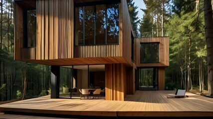 Luxury meets nature in modern cubic house in forest, blending elegance with timber wood cladding
