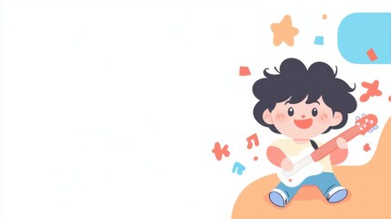 Cute Boy Playing Guitar with Music Notes and Stars