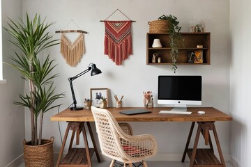 Bohemian Inspired Workspace Mockup Featuring Chic Interior Design and Rustic Decor