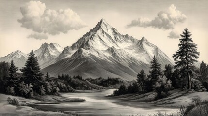 Obraz premium An old engraving of a mountain range with trees and rivers, capturing the rugged landscape, old engraving, mountain, landscape