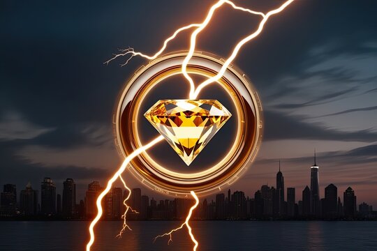 Surreal Amber Hologram with Diamond Lightning Ring over Dark Skyline