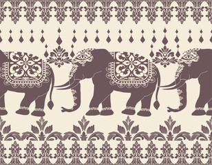 seamless pattern featuring elegant silhouettes of elephants adorned with intricate damask patterns. The soft, muted color palette creates a timeless and sophisticated aesthetic.