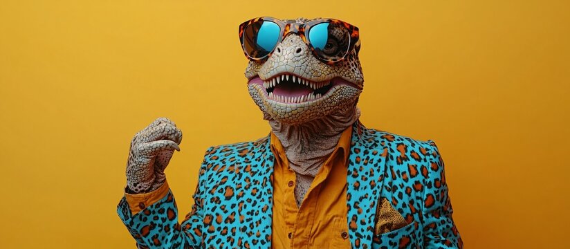A comical leopard-jacketed man in a dinosaur mask celebrates Halloween with vibrant energy, suitable for party invitations or festive promotions with copy space.
