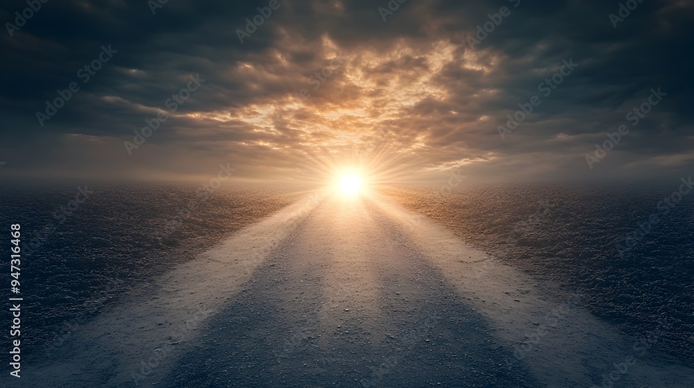 Poster a conceptual image of a peaceful path leading towards a bright light at the end representing goals o