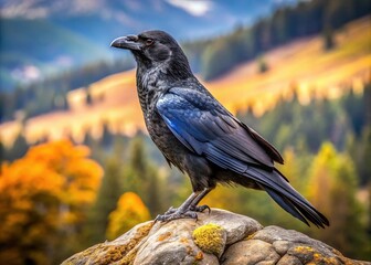 Obraz premium A majestic Corvus stands vigilant on a rocky perch, gazing out at the wild expanse below, its sentry-like pose a testament to its keen instincts.