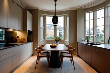 Modern Kitchen Atmosphere Featuring Dining Table and Trendy Storage Unit by Large Bay Window