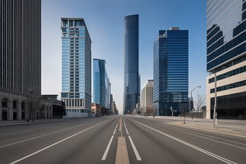 Fototapeta premium Stunning Urban Design of an Abandoned Street Surrounded by Modern Office Towers