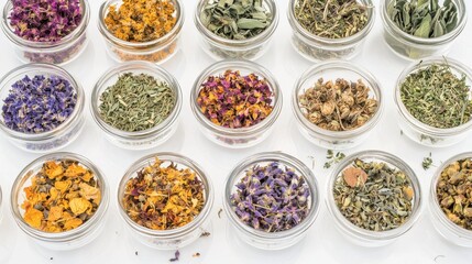 Dried Herbs in Glass Jars  Overhead View