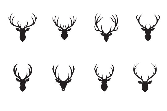 Set of Deer Head collection - Elk face Silhouette - Deer Antler illustration in black and white