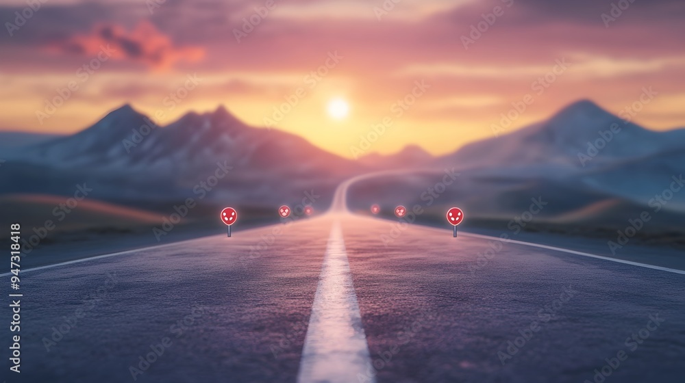 Poster conceptual image of a road with mile markers symbolizing goals objectives and the journey towards su