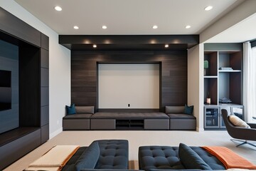 Aerial View of Contemporary Media Room Featuring Empty Space and Sofa Layout