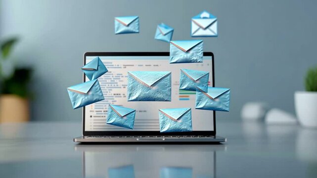Laptop with multiple email icons floating above the screen, symbolizing communication and digital correspondence.