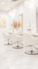 Modern Salon Interior Design with White Chairs and Chandelier