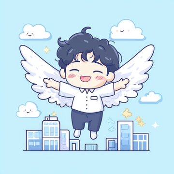 recommend clip art: Cute Cartoon Boy with Angel Wings Flying Over Cityscape