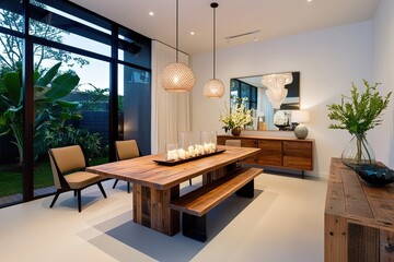 Fototapeta premium Contemporary Interior Design Featuring Reclaimed Wood Table and Airy Decor Elements