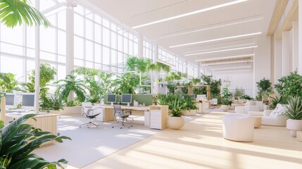 Fototapeta premium Modern Office Interior Design with Green Plants and Natural Light