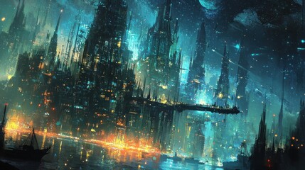 A Futuristic Cityscape at Night with Ships and a Starry Sky