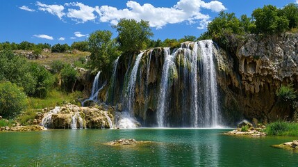 Obraz premium Cascading Waterfall Plunging into a Tranquil Pool Surrounded by Lush Green Foliage