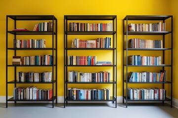 Modern Steel Bookshelf Decorated with Books on Vibrant Yellow Wall for Stylish Home Interior Design