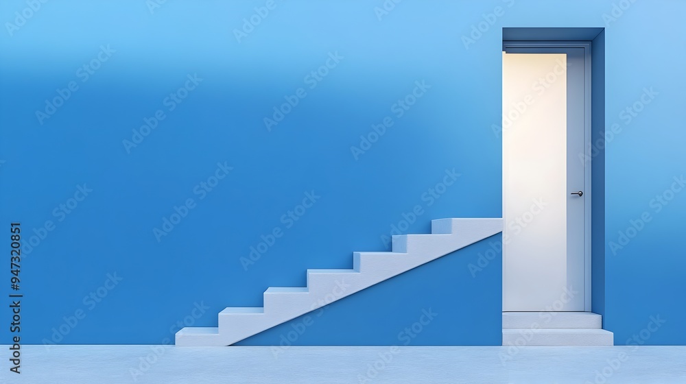 Poster a conceptual image depicting a set of stairs leading upwards towards an open door symbolizing the jo