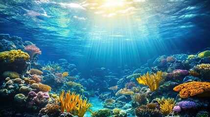 Vibrant underwater coral reef scene with colorful fish and sunbeams penetrating through clear blue water showcasing marine biodiversity and ocean ecosystem concept