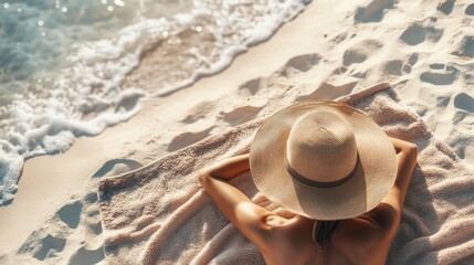 Sunbather lying on a beach towel, with a wide-brimmed hat shielding their face from the sun.
