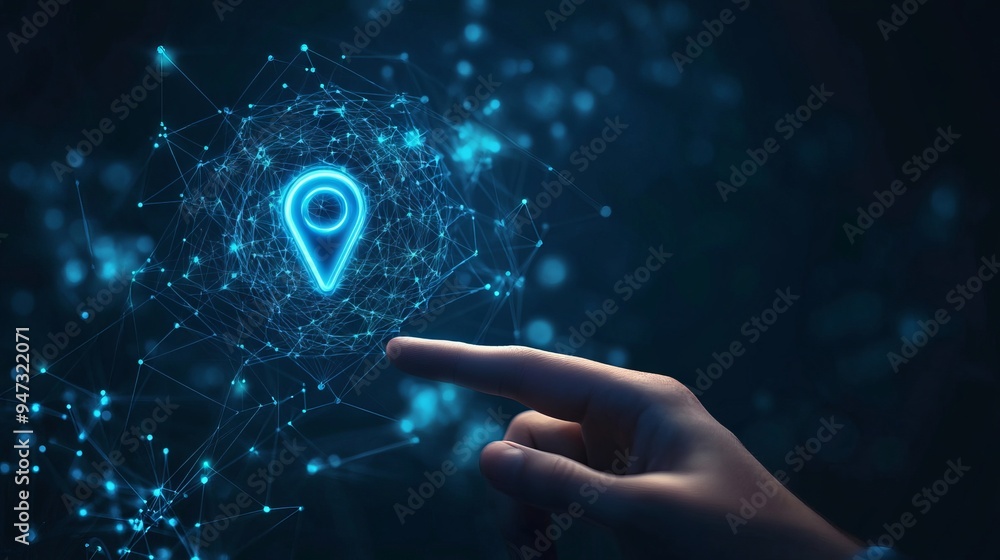 Poster light blue gps pin and human hand. digital finger touching on abstract location pin mark on technolo
