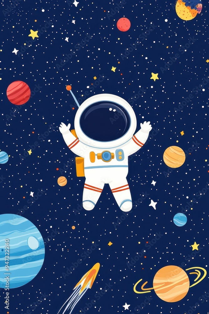 Poster astronaut floating in space with planets and stars