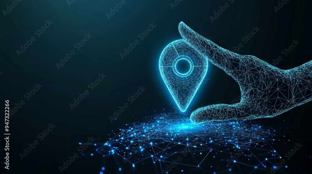 Poster light blue gps pin and human hand. digital finger touching on abstract location pin mark on technolo