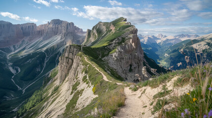 An adventurous summer hiking trail through the Dolomites. Narrow paths wind along the edges of steep cliffs. The path is lined with colorful wildflowers.