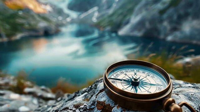 A vintage compass rests on a rocky outcrop, with a serene mountain lake and majestic peaks in the background.