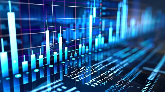 Abstract blue digital data and charts on a screen, representing technology, finance, and data visualization.