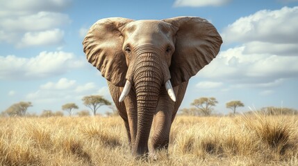 Naklejka premium African Elephant Walking Through Tall Grass in Savanna