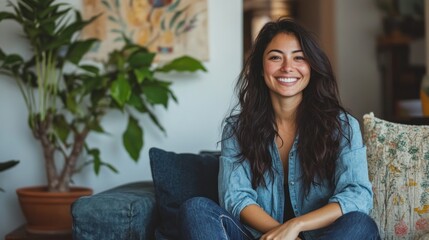 Smiling Woman Relaxing on a Couch