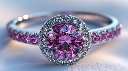 Fancy Design of a Large Round Cut Amethyst and Diamonds Ring on Neutral Background	