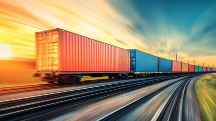 Obraz premium Freight Train Speeding Through Landscape at Sunset