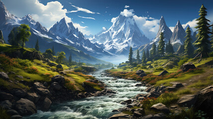 The Mountain Stream Flows Around The Rocks