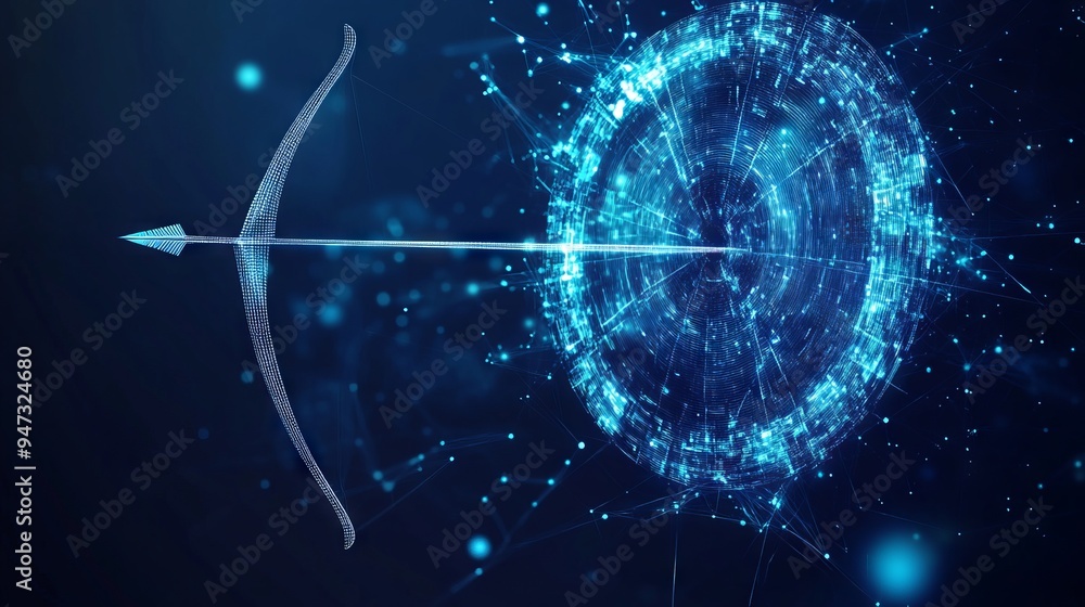 Poster digital target with bow arrow in bullseye with japanese candlestick. abstract stock market concept. 