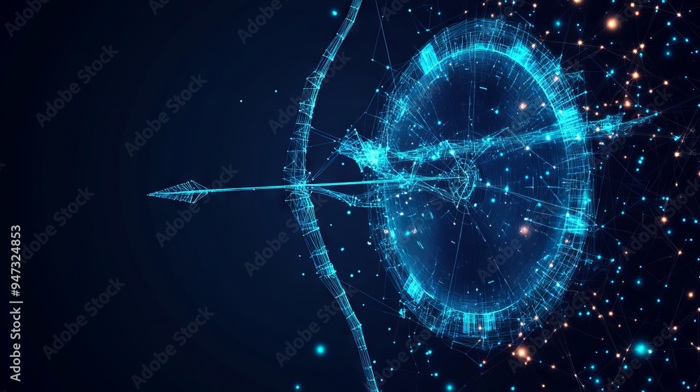 Poster digital target with bow arrow in bullseye with japanese candlestick. abstract stock market concept. 