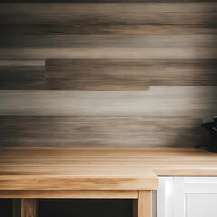 Wooden table on blurred kitchen bench background. Empty wooden table and blurred kitchen background