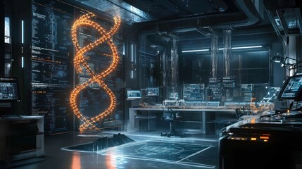 Obraz premium A futuristic room with a glowing DNA strand in the center